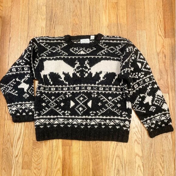 Vintage American Eagle Men sz L Hand Knit Wool Sweater Black Crewneck Deer 90s